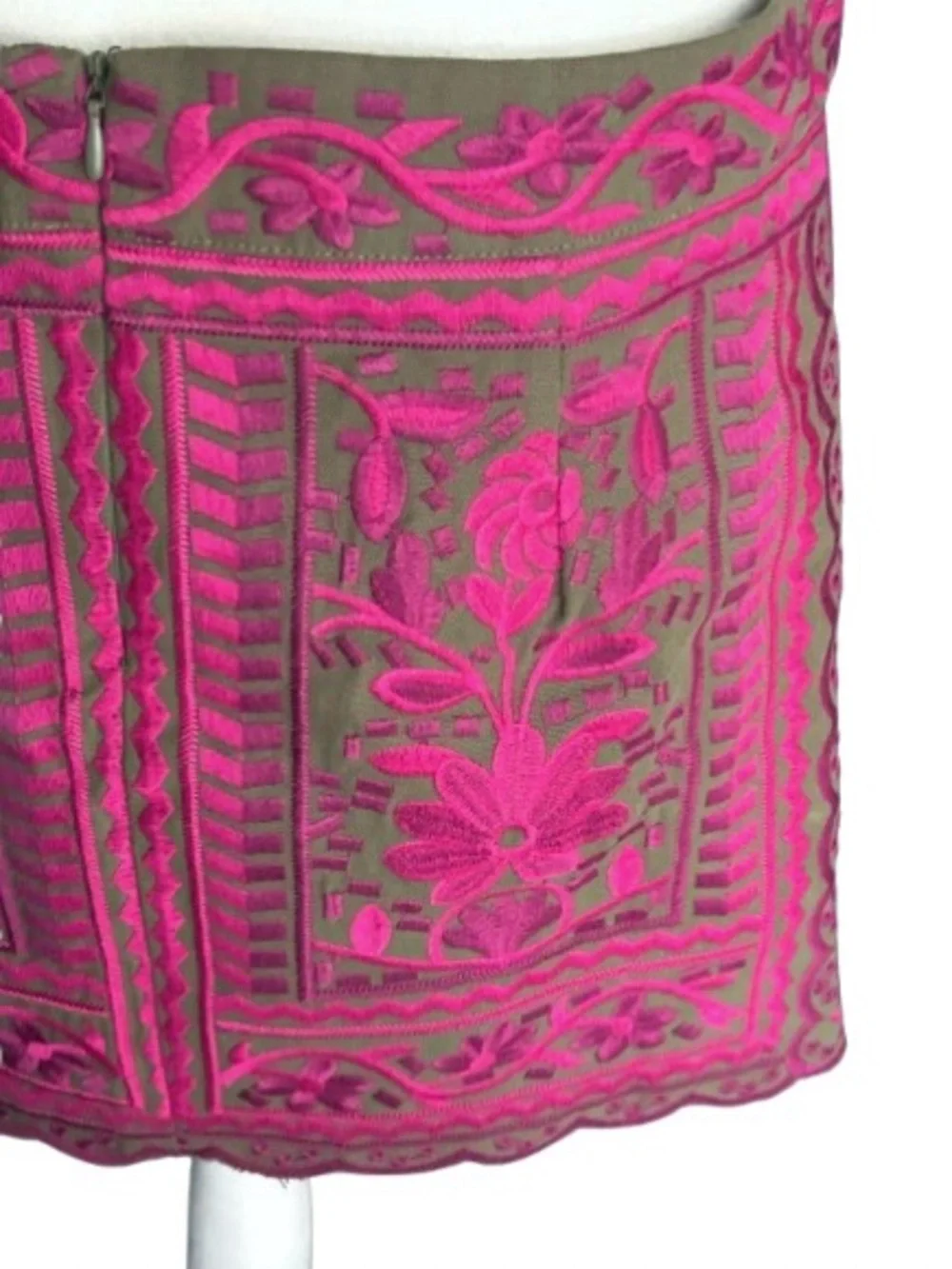 NWT J. MARIE Embroidered Floral Skirt Olive Green Fuchsia Boho Designer Cotton - Picture 4 of 16